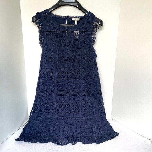 Joie Dress Cotton Ruffle Mini Dress Large Navy Blue Sleeveless Shift Shift Lace - Picture 2 of 12